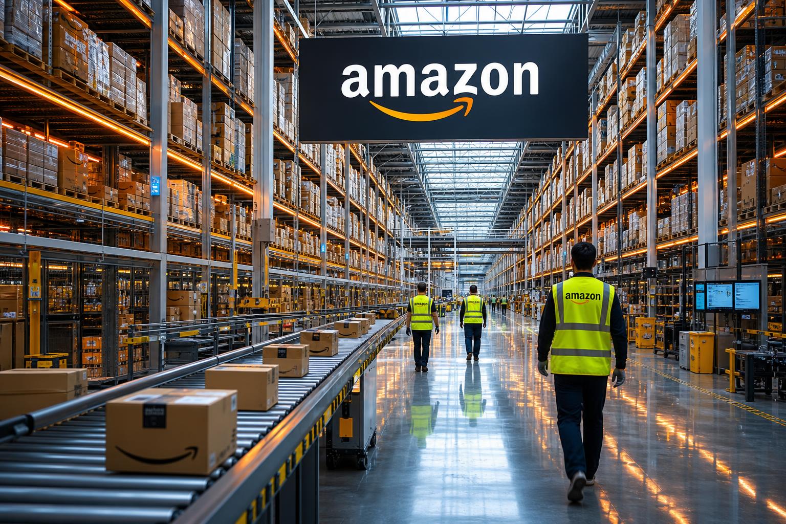 Centro de distribuição da Amazon com corredores de estantes e caixas em operação